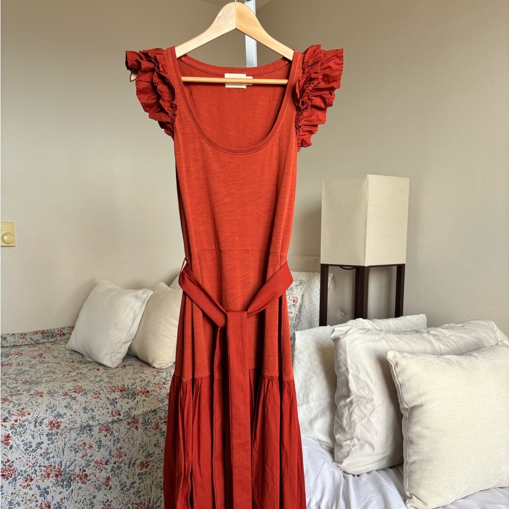 Ruffled Sleeve Reddish Copper Colored Mid Length Dress